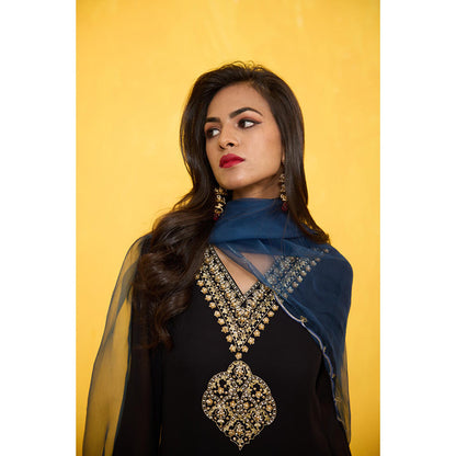 Radha Sharma Georgette Gold and Pearl Handwork Kurta with Palazzo and Dupatta (Set of 3)