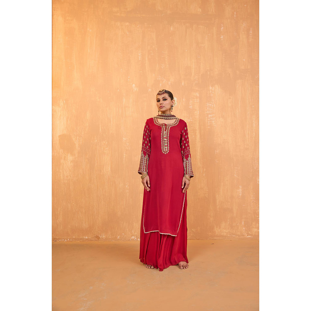 Radha Sharma Pink Georgette Gold and Pearl Handwork Kurta with Palazzo and Dupatta (Set of 3)