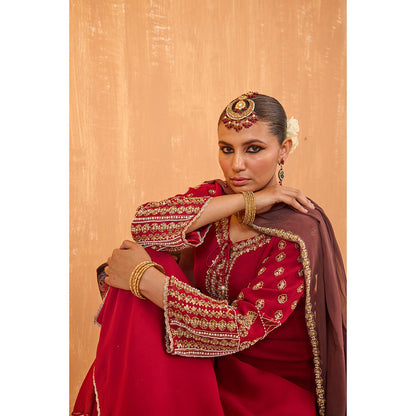 Radha Sharma Pink Georgette Gold and Pearl Handwork Kurta with Palazzo and Dupatta (Set of 3)