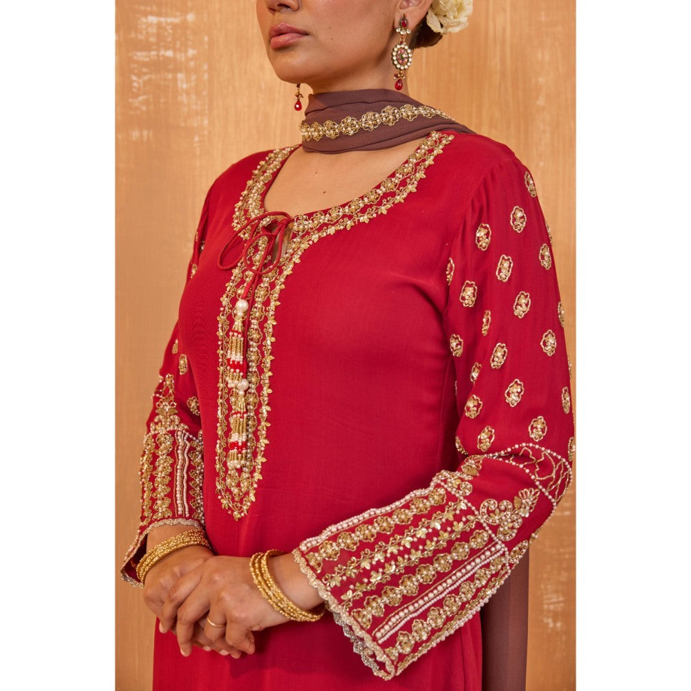 Radha Sharma Pink Georgette Gold and Pearl Handwork Kurta with Palazzo and Dupatta (Set of 3)