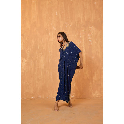 Radha Sharma Navy Blue Georgette Gold and Pearl Handwork Kaftan