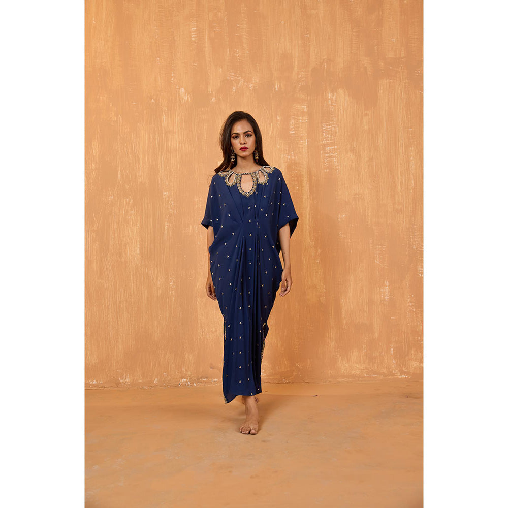Radha Sharma Navy Blue Georgette Gold and Pearl Handwork Kaftan