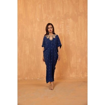 Radha Sharma Navy Blue Georgette Gold and Pearl Handwork Kaftan