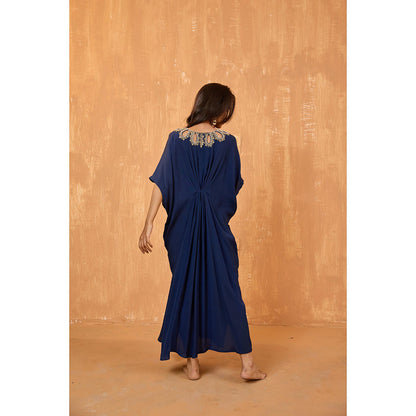 Radha Sharma Navy Blue Georgette Gold and Pearl Handwork Kaftan