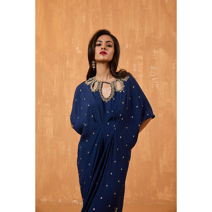 Radha Sharma Navy Blue Georgette Gold and Pearl Handwork Kaftan