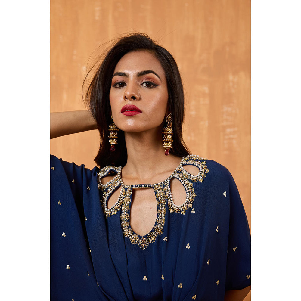 Radha Sharma Navy Blue Georgette Gold and Pearl Handwork Kaftan