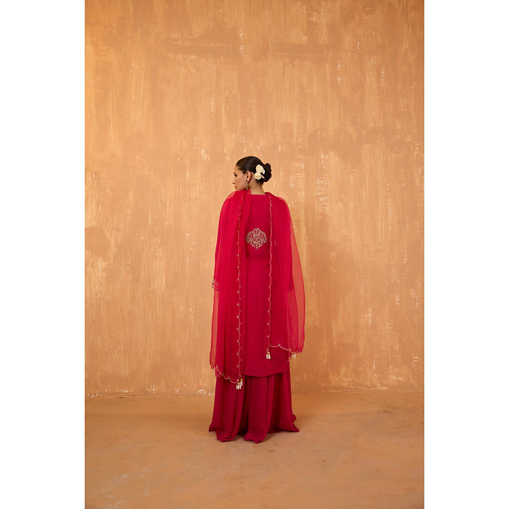 Radha Sharma Pink Georgette Gold and Pearl Handwork Kurta with Palazzo and Dupatta (Set of 3)