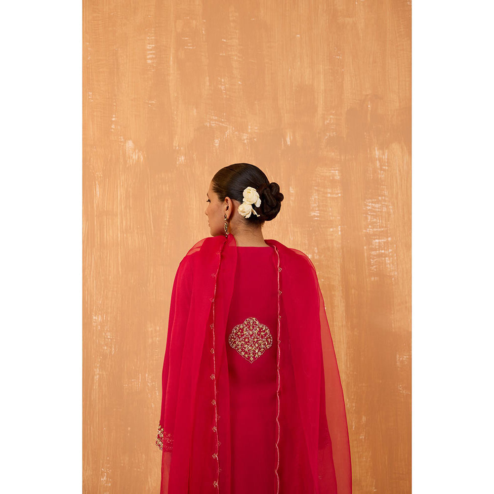 Radha Sharma Pink Georgette Gold and Pearl Handwork Kurta with Palazzo and Dupatta (Set of 3)