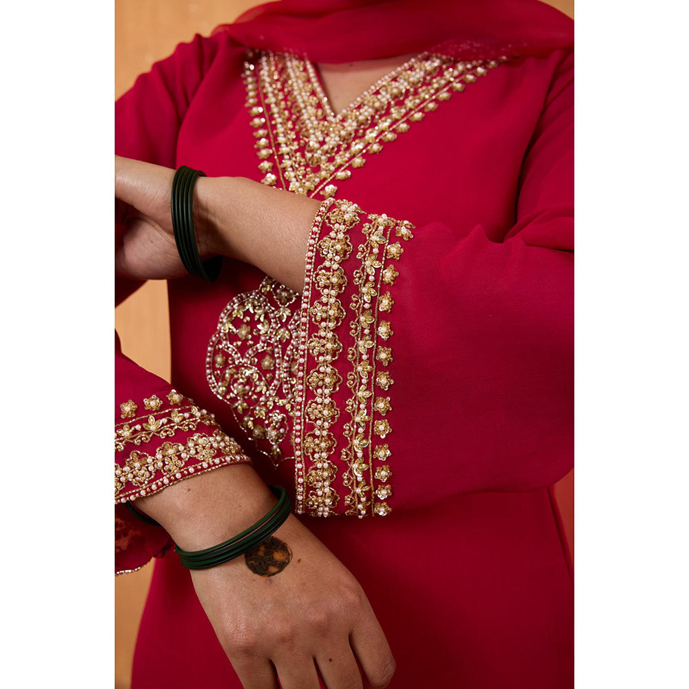 Radha Sharma Pink Georgette Gold and Pearl Handwork Kurta with Palazzo and Dupatta (Set of 3)