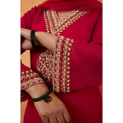 Radha Sharma Pink Georgette Gold and Pearl Handwork Kurta with Palazzo and Dupatta (Set of 3)