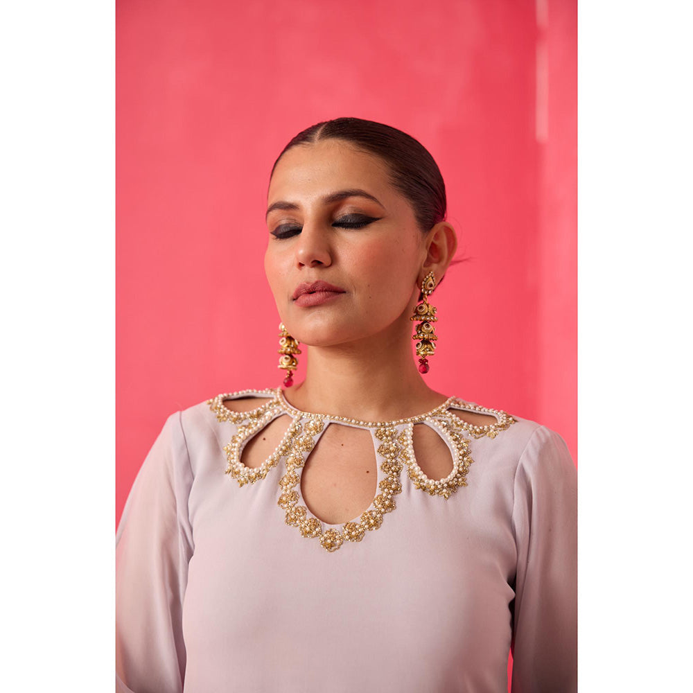 Radha Sharma Georgette Gold and Pearl Handwork Kurta with Palazzo and Dupatta (Set of 3)