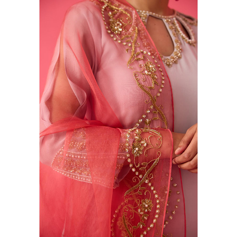 Radha Sharma Georgette Gold and Pearl Handwork Kurta with Palazzo and Dupatta (Set of 3)