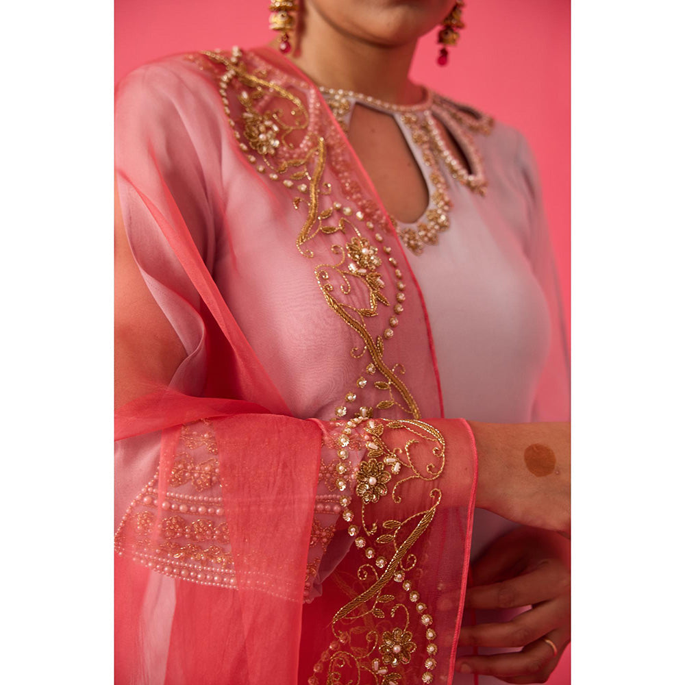 Radha Sharma Georgette Gold and Pearl Handwork Kurta with Palazzo and Dupatta (Set of 3)