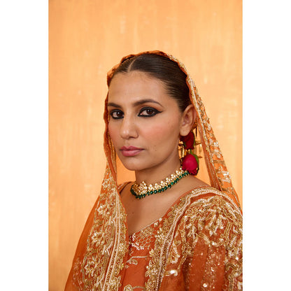 Radha Sharma Orange Silk Chanderi Lehenga with Blouse and Dupatta (Set of 3)