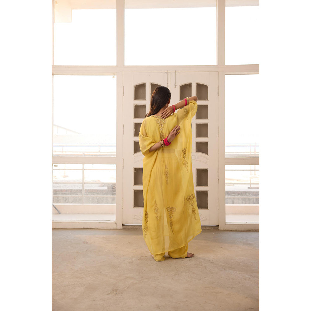 Radha Sharma Yellow Organza Embellished Kaftan with Bustier and Palazzo (Set of 3)