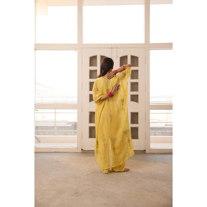 Radha Sharma Yellow Organza Embellished Kaftan with Bustier and Palazzo (Set of 3)