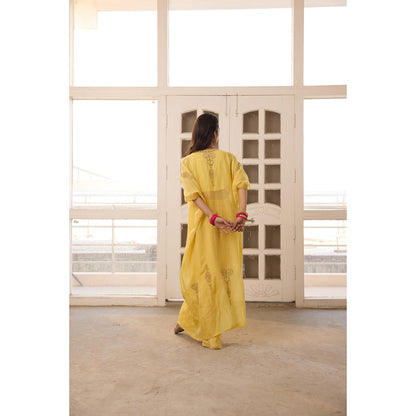Radha Sharma Yellow Organza Embellished Kaftan with Bustier and Palazzo (Set of 3)