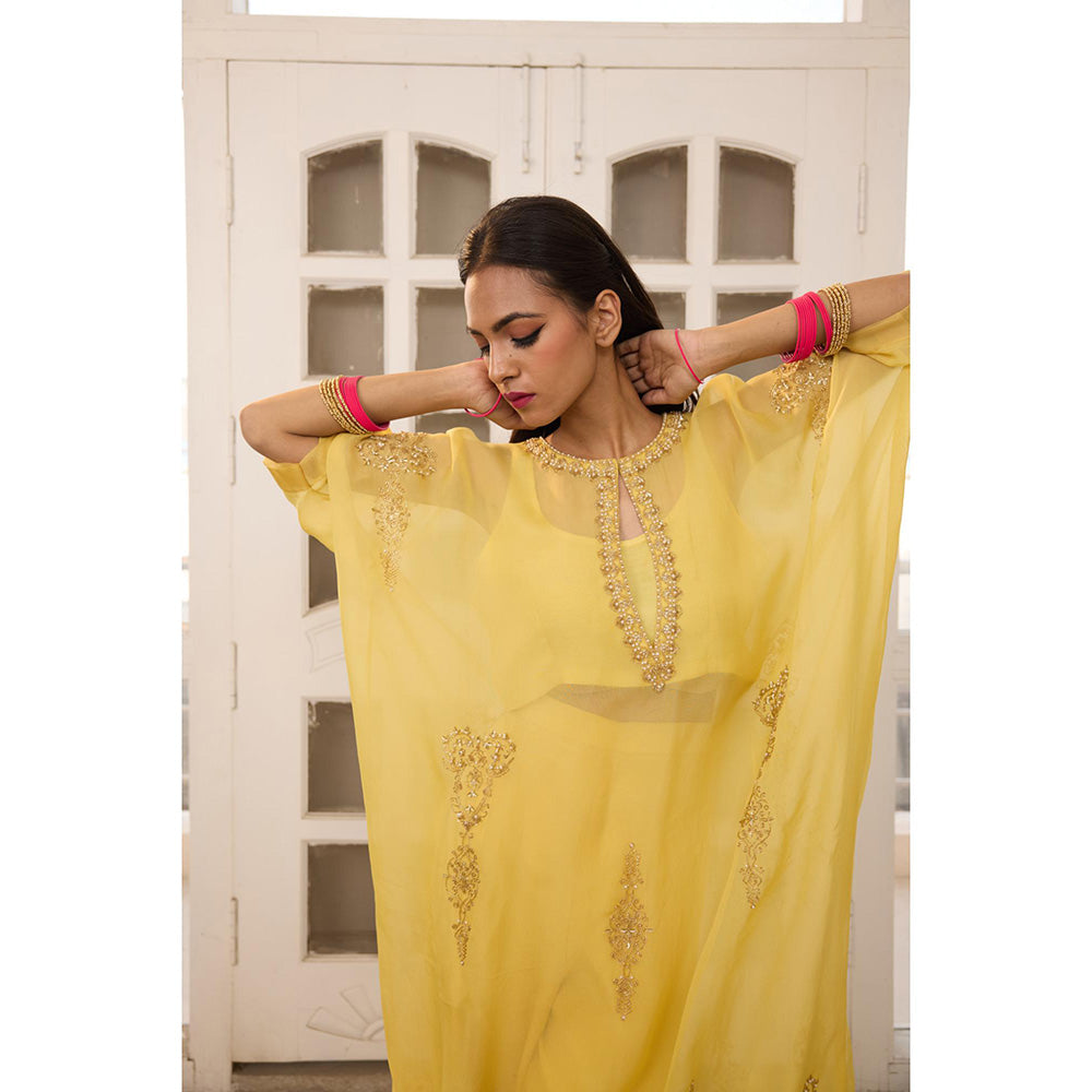 Radha Sharma Yellow Organza Embellished Kaftan with Bustier and Palazzo (Set of 3)