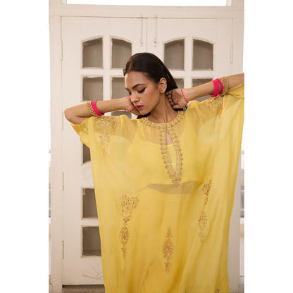 Radha Sharma Yellow Organza Embellished Kaftan with Bustier and Palazzo (Set of 3)