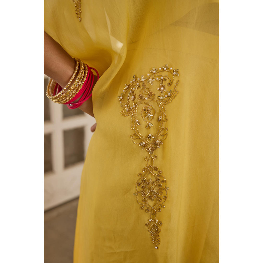 Radha Sharma Yellow Organza Embellished Kaftan with Bustier and Palazzo (Set of 3)