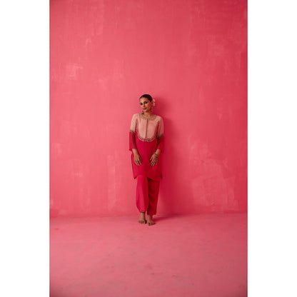 Radha Sharma Pink Georgette Embellished Kurta and Pant (Set of 2)