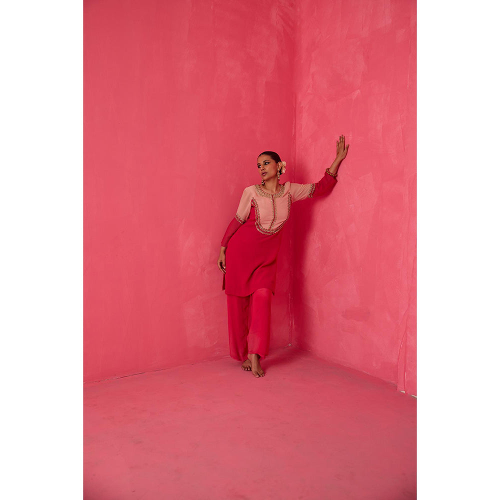 Radha Sharma Pink Georgette Embellished Kurta and Pant (Set of 2)