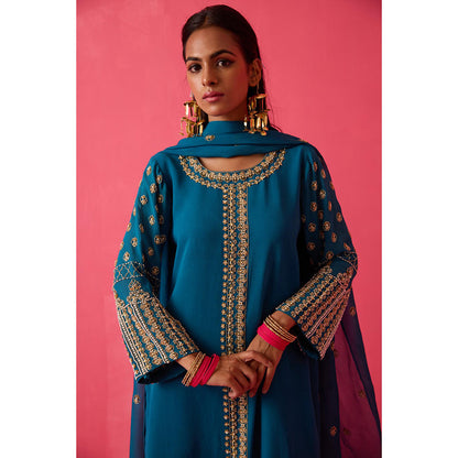 Radha Sharma Turquoise Gold & Pearl Handwork Kurta with Palazzo and Dupatta (Set of 3)
