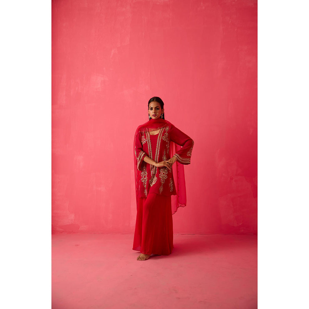 Radha Sharma Georgette Gold & Pearl Handwork Kurta with Sharara and Dupatta (Set of 3)