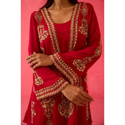 Radha Sharma Georgette Gold & Pearl Handwork Kurta with Sharara and Dupatta (Set of 3)