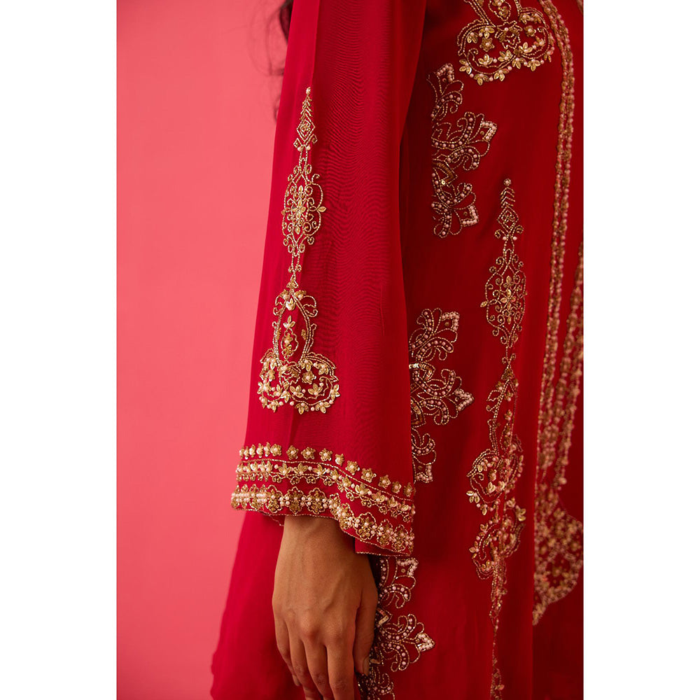 Radha Sharma Georgette Gold & Pearl Handwork Kurta with Sharara and Dupatta (Set of 3)