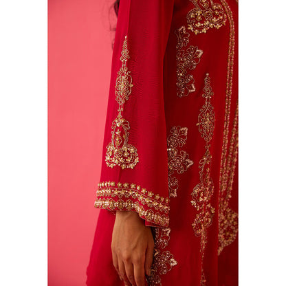 Radha Sharma Georgette Gold & Pearl Handwork Kurta with Sharara and Dupatta (Set of 3)