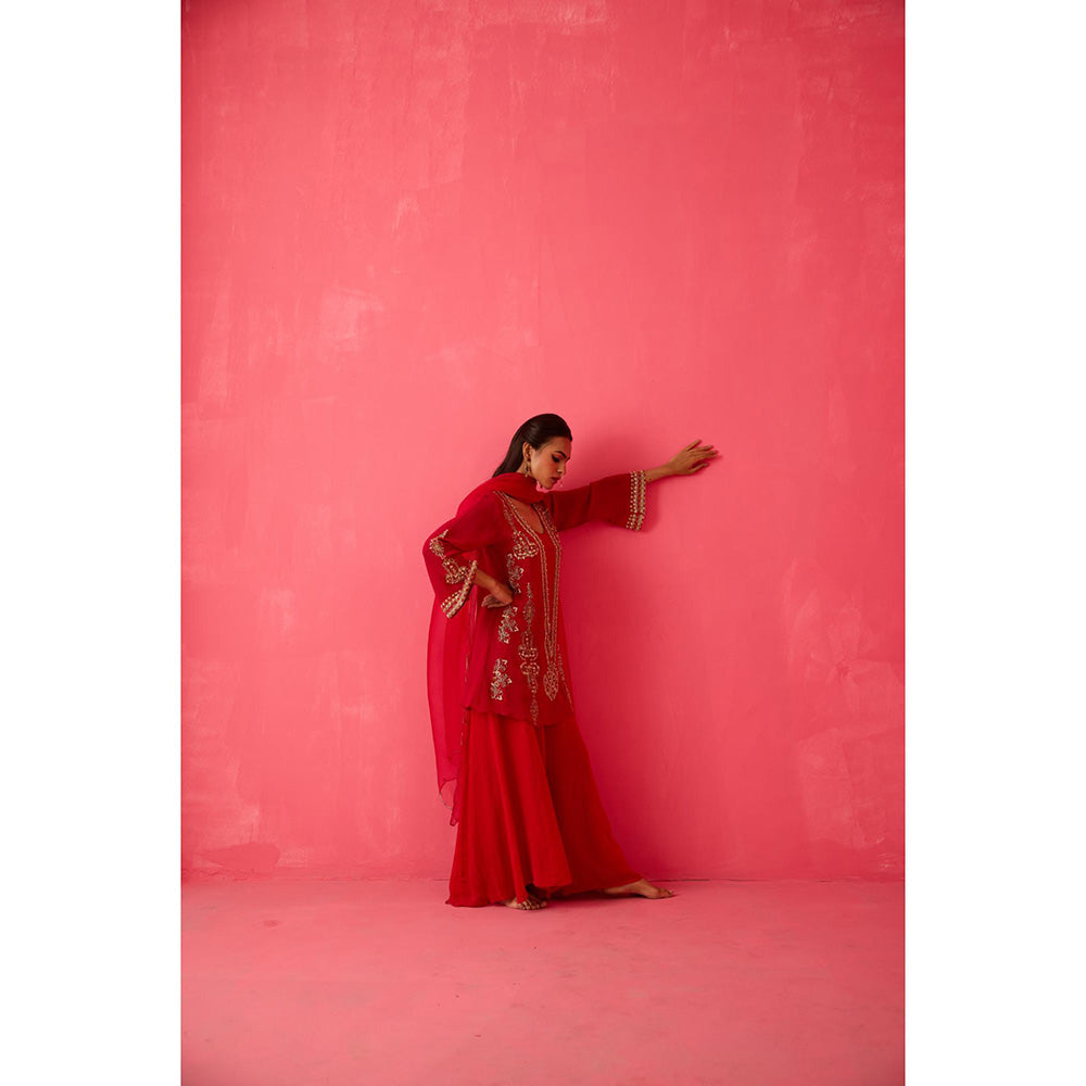 Radha Sharma Georgette Gold & Pearl Handwork Kurta with Sharara and Dupatta (Set of 3)