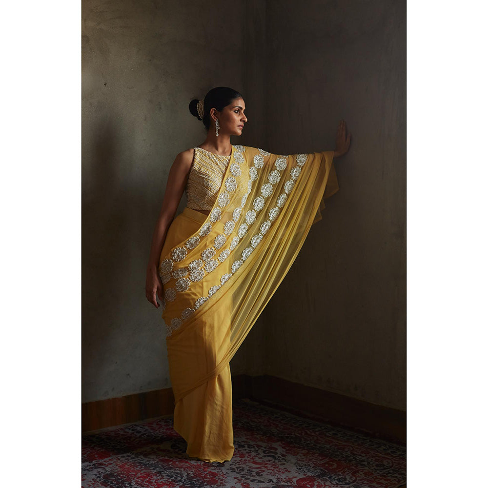 Radha Sharma Yellow Embellished Pre Draped Saree with Stitched Blouse