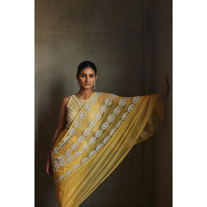 Radha Sharma Yellow Embellished Pre Draped Saree with Stitched Blouse