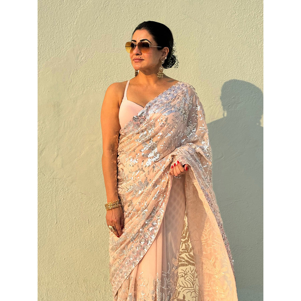 RAISHAA Baby Pink Chiffon Sari Featuring Silver Sequin Floral Embroidery
