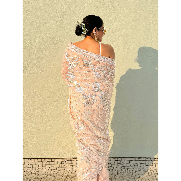 RAISHAA Baby Pink Chiffon Sari Featuring Silver Sequin Floral Embroidery