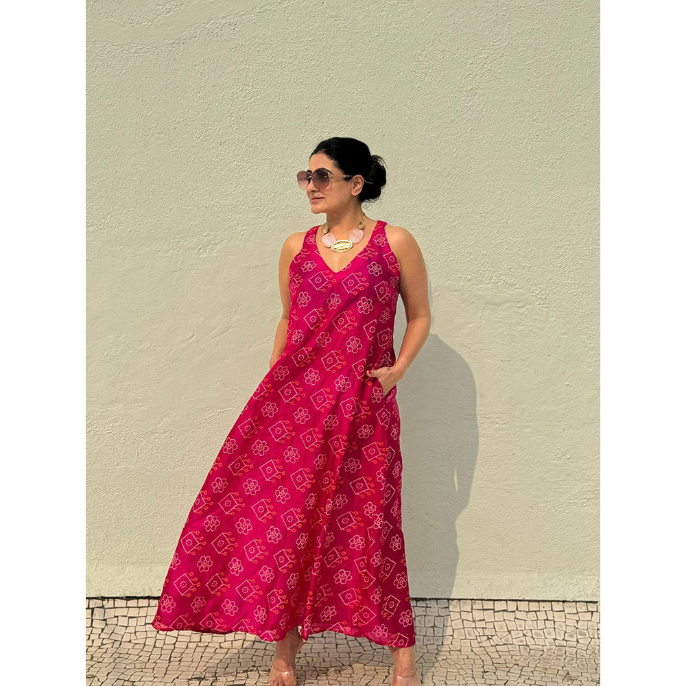 RAISHAA Fuchsia Bandhani Silk Halter Dress