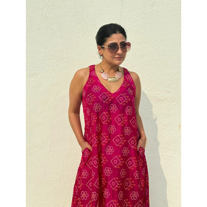 RAISHAA Fuchsia Bandhani Silk Halter Dress