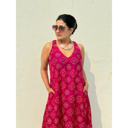 RAISHAA Fuchsia Bandhani Silk Halter Dress