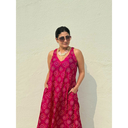 RAISHAA Fuchsia Bandhani Silk Halter Dress
