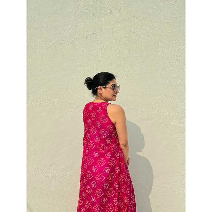RAISHAA Fuchsia Bandhani Silk Halter Dress