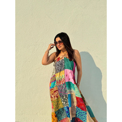 RAISHAA Patchwork Print Tie-Up Dress