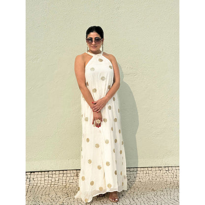 RAISHAA White Chiffon Halter Dress with Gold Gota Patti Work