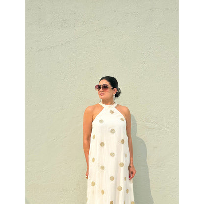 RAISHAA White Chiffon Halter Dress with Gold Gota Patti Work