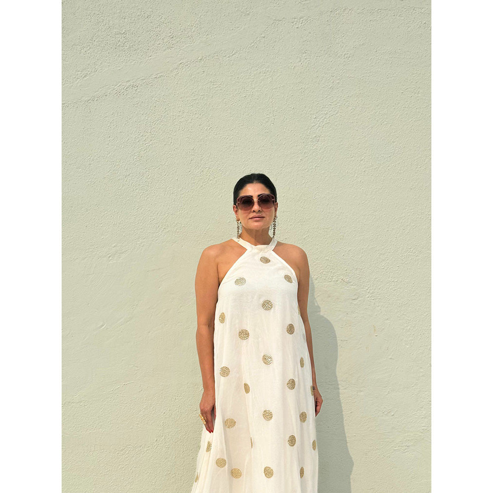 RAISHAA White Chiffon Halter Dress with Gold Gota Patti Work