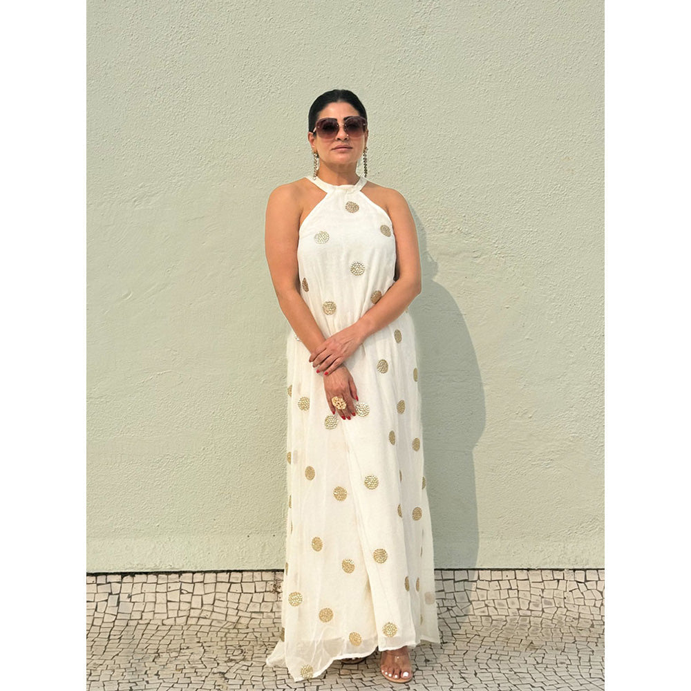 RAISHAA White Chiffon Halter Dress with Gold Gota Patti Work