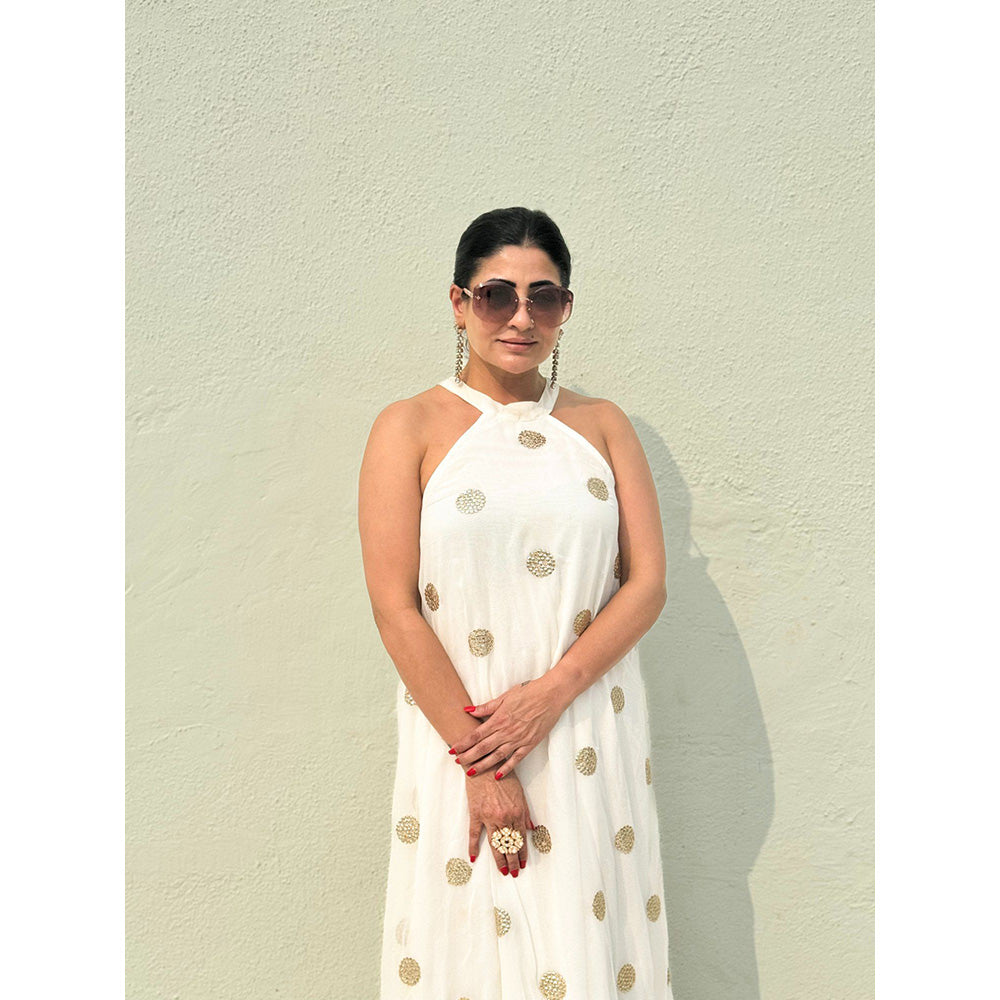 RAISHAA White Chiffon Halter Dress with Gold Gota Patti Work