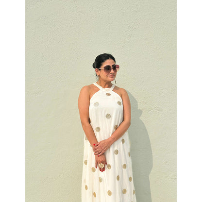 RAISHAA White Chiffon Halter Dress with Gold Gota Patti Work
