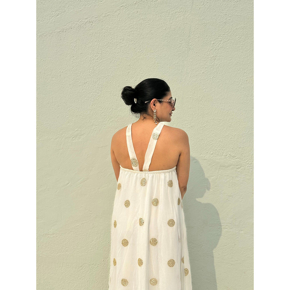 RAISHAA White Chiffon Halter Dress with Gold Gota Patti Work