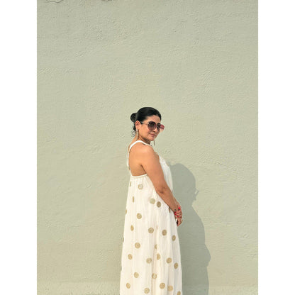 RAISHAA White Chiffon Halter Dress with Gold Gota Patti Work